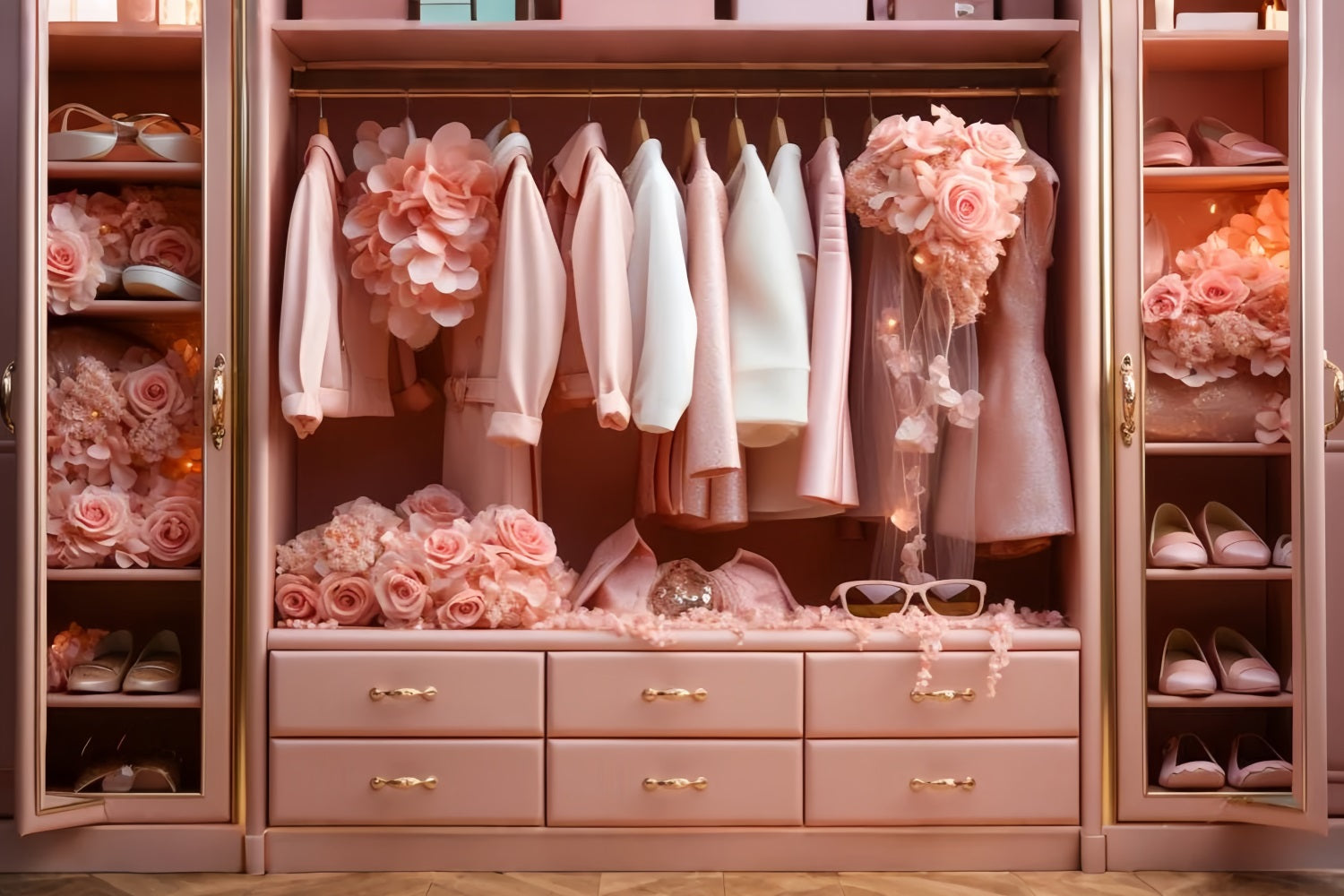 Toile de fond Poupée Mode Garde-Robe Florale Rose CJJ2-80