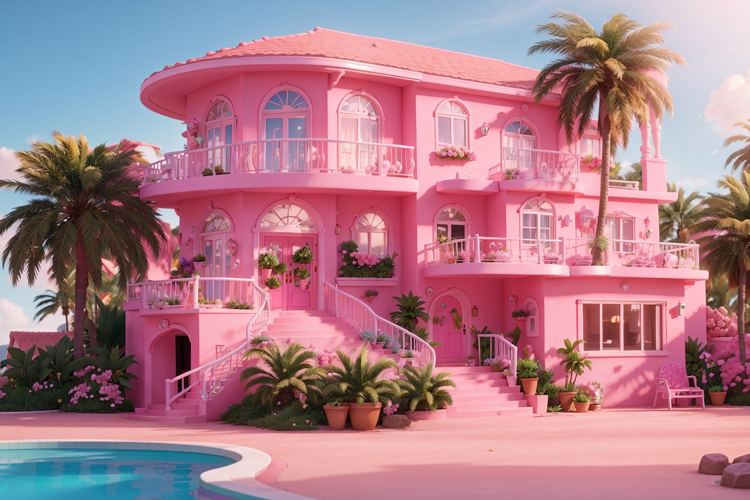 Toile de fond Fille Rose Maison Paradis Tropical Villa Rose CJJ2-84