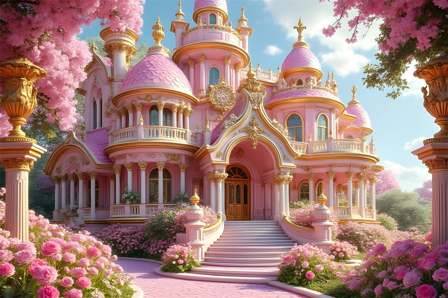 Toile de fond Poupée Mode Château de Conte de Fées Rose CJJ2-87