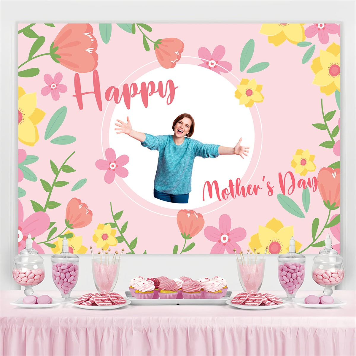 Toile de fond Fête des Mères Personnalisable Douce Fleur Rose CJJ3-103