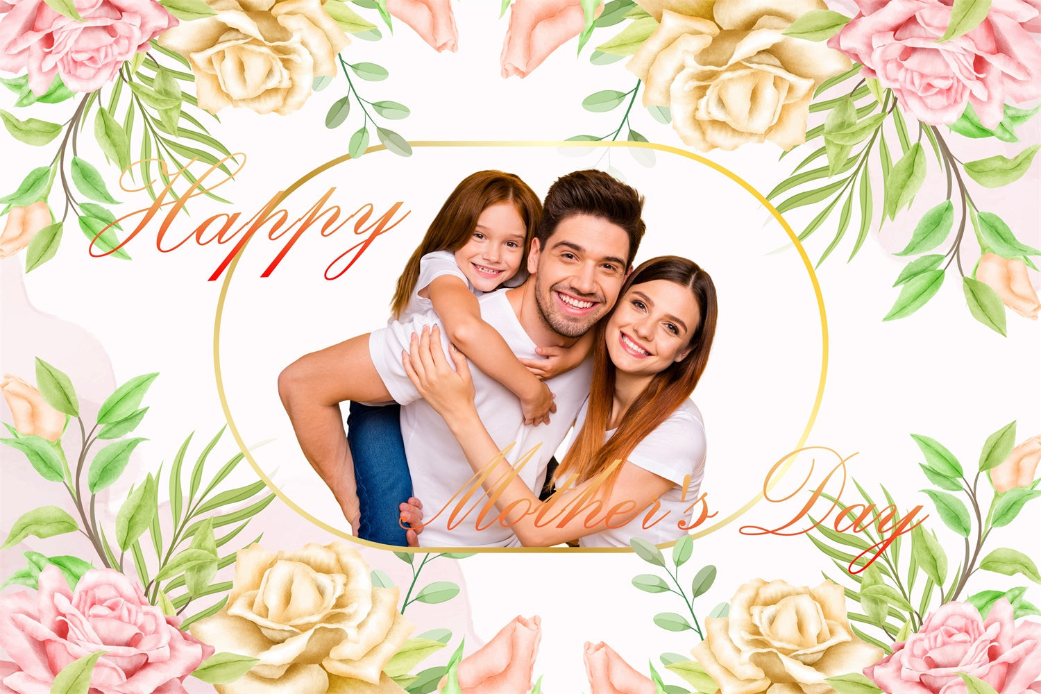 Toile de fond Fête des Mères Personnalisable Cadre Floral Doré CJJ3-122