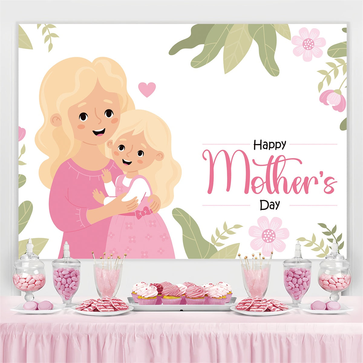 Toile de fond Fête des Mères Personnalisable Dessin Animé Floral Rose CJJ3-125