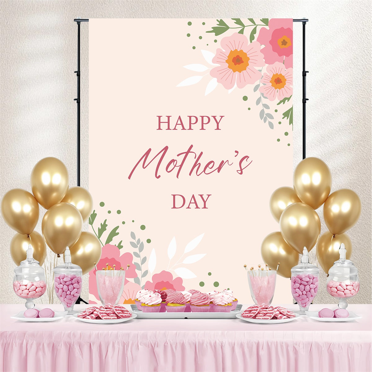 Toile de fond Fête des Mères Personnalisable Minimaliste Rose Floral CJJ3-128