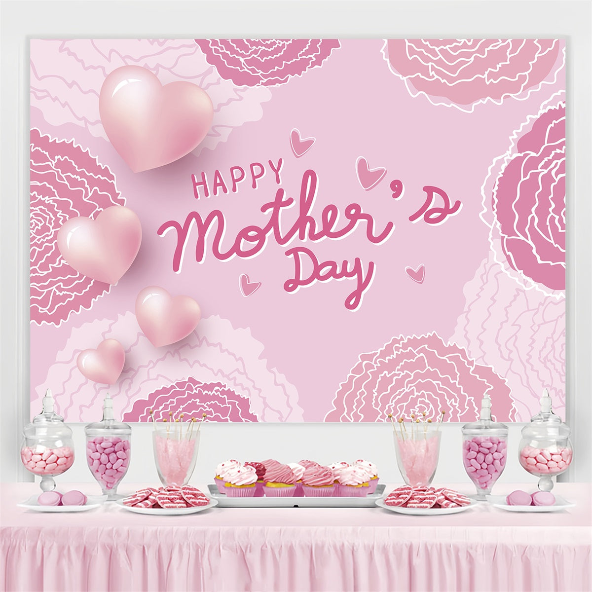 Toile de fond Fête des Mères Personnalisable Œillet Rose Cœurs d'Amour CJJ3-131