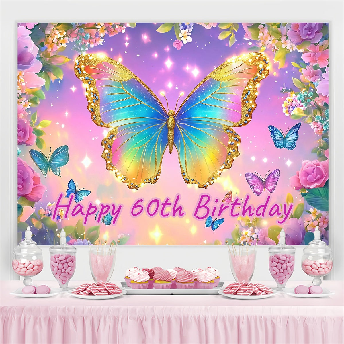 Toile de fond Anniversaire Personnalisable Papillon Pailleté Coloré 60ème CJJ3-201