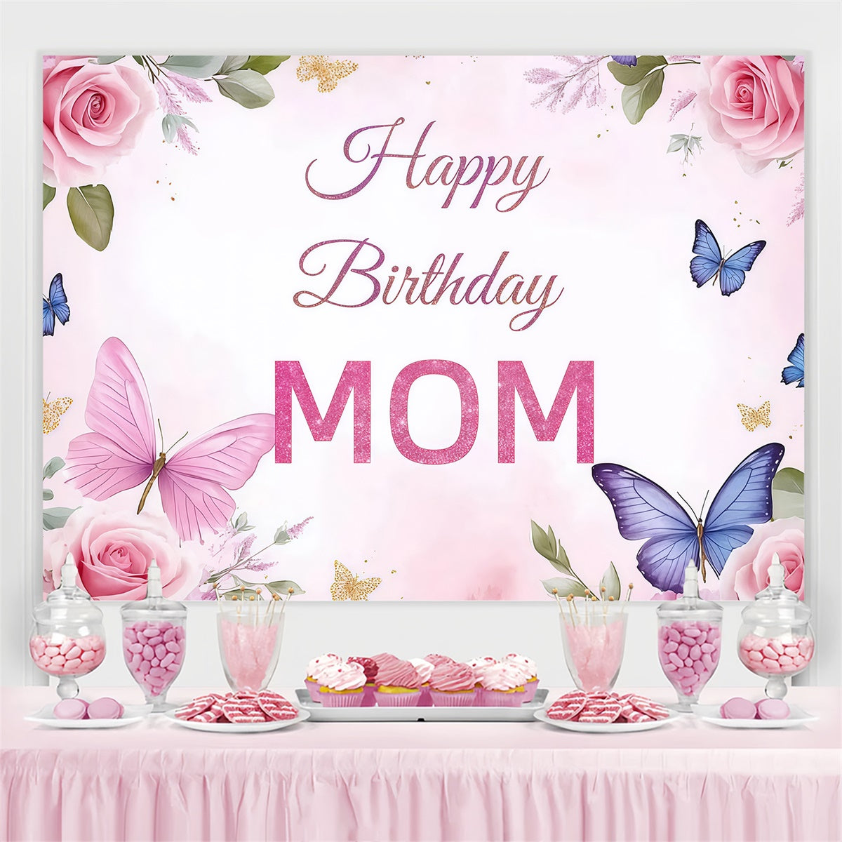 Toile de fond Personnalisable Anniversaire Élégante Rose Papillon CJJ3-202