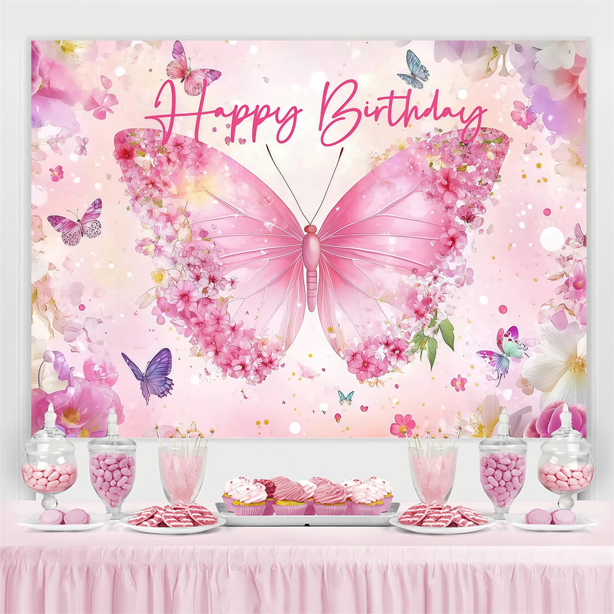 Toile de fond Anniversaire Personnalisé Pétale Papillon de Rêve CJJ3-207