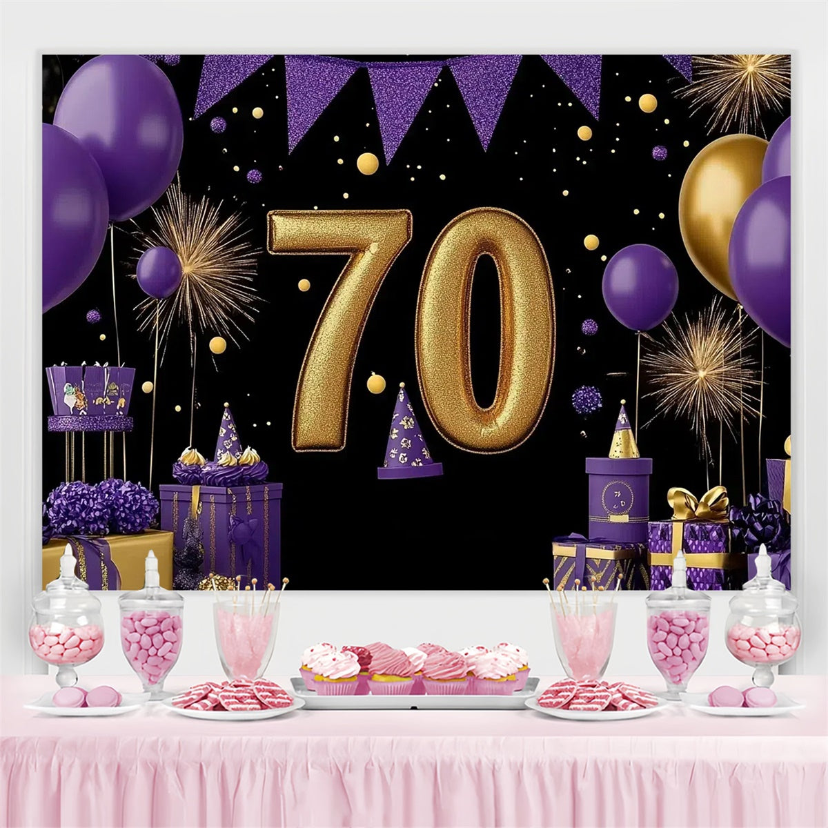 Toile de fond Anniversaire Personnalisé Ballon Violet Luxe 70ème CJJ3-210