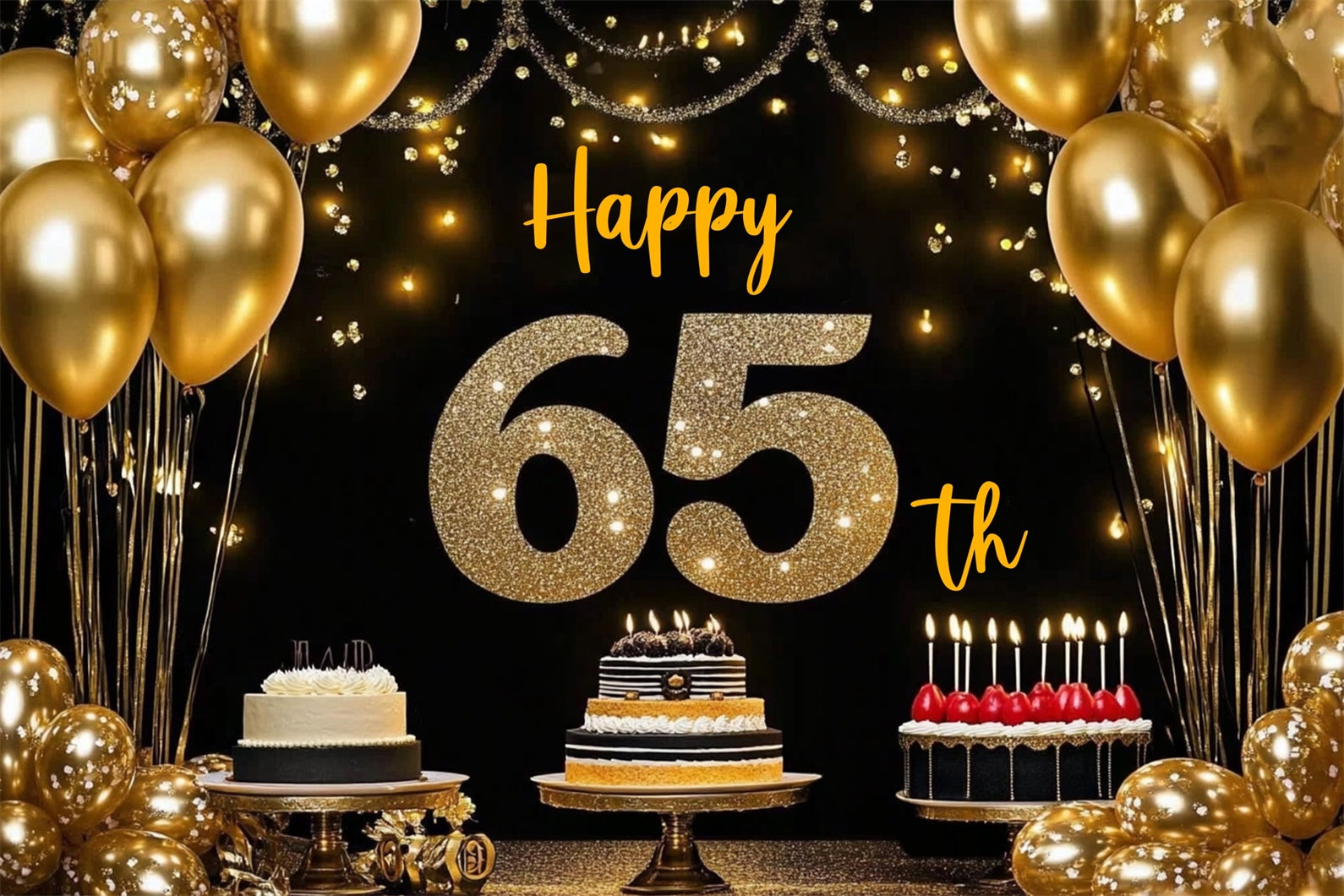 Toile de fond Anniversaire Personnalisable Gâteau Ballons Dorés 65ème CJJ3-211