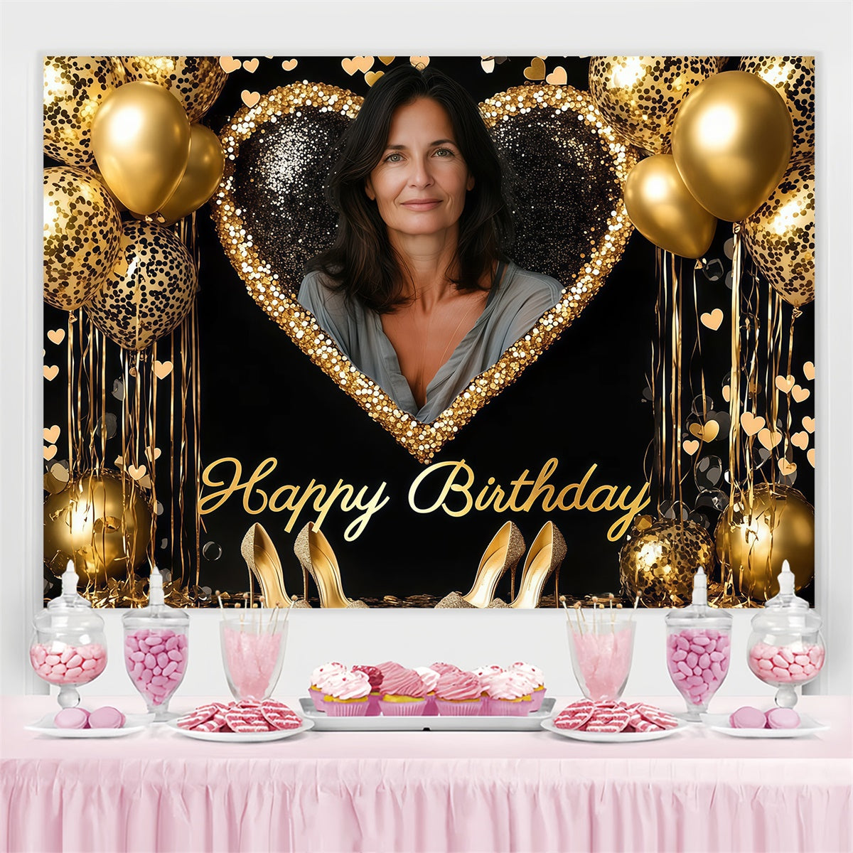Toile de fond Photo Anniversaire Personnalisé Ballon Cadre Cœur Pailleté CJJ3-212