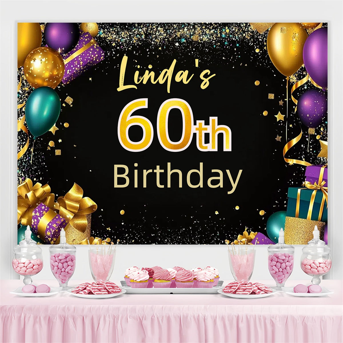 Toile de fond Anniversaire Personnalisé Ballons Confettis Colorés 60ème CJJ3-215