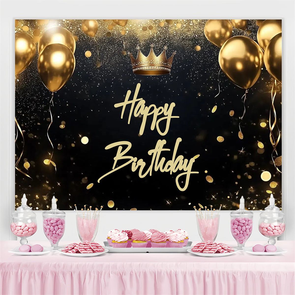 Toile de fond Anniversaire Personnalisé Confettis Pailletés Couronne CJJ3-217