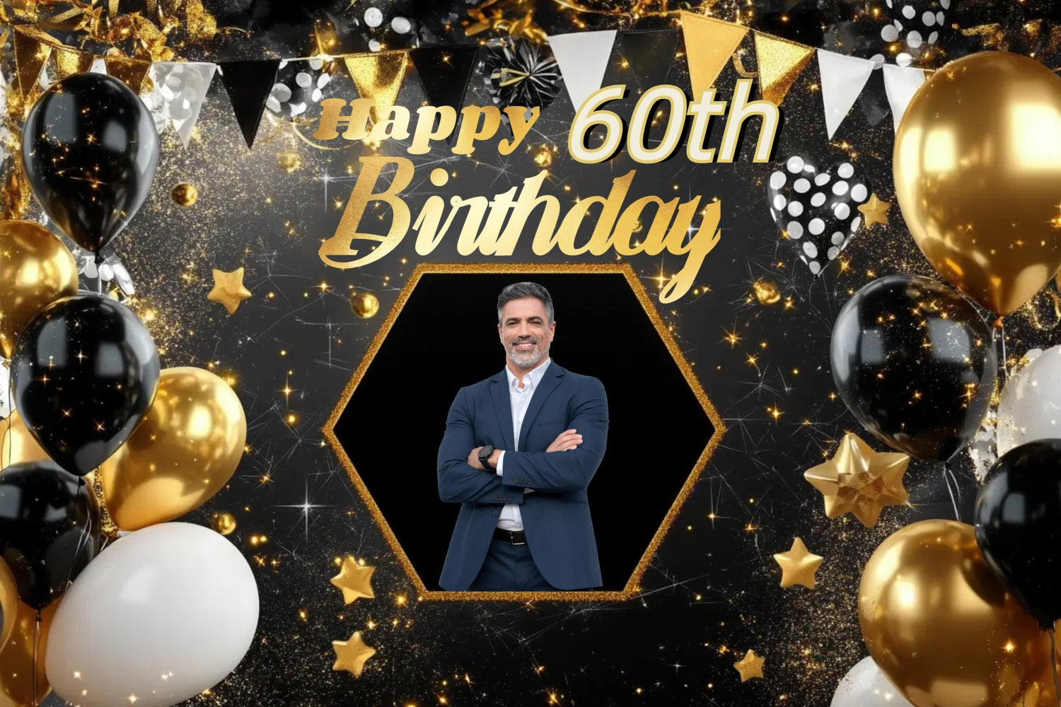 Toile de fond Anniversaire Personnalisable Bannière Or Étoiles 60ème CJJ3-218