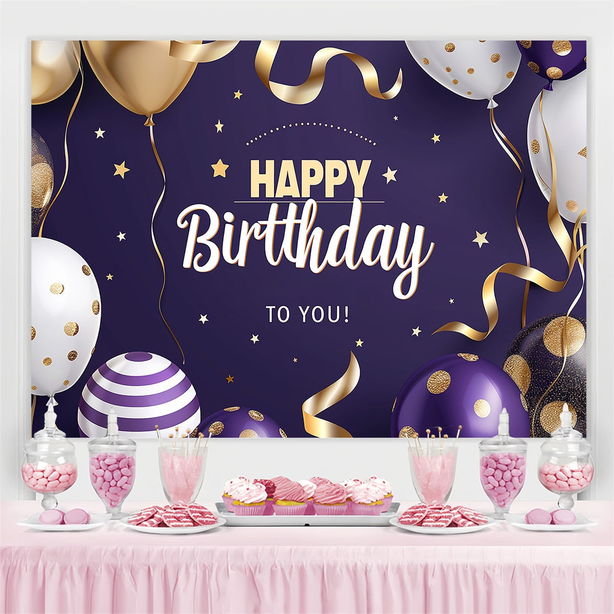 Toile de fond Photo Anniversaire Personnalisé Ballon Points Dorés Violet CJJ3-219