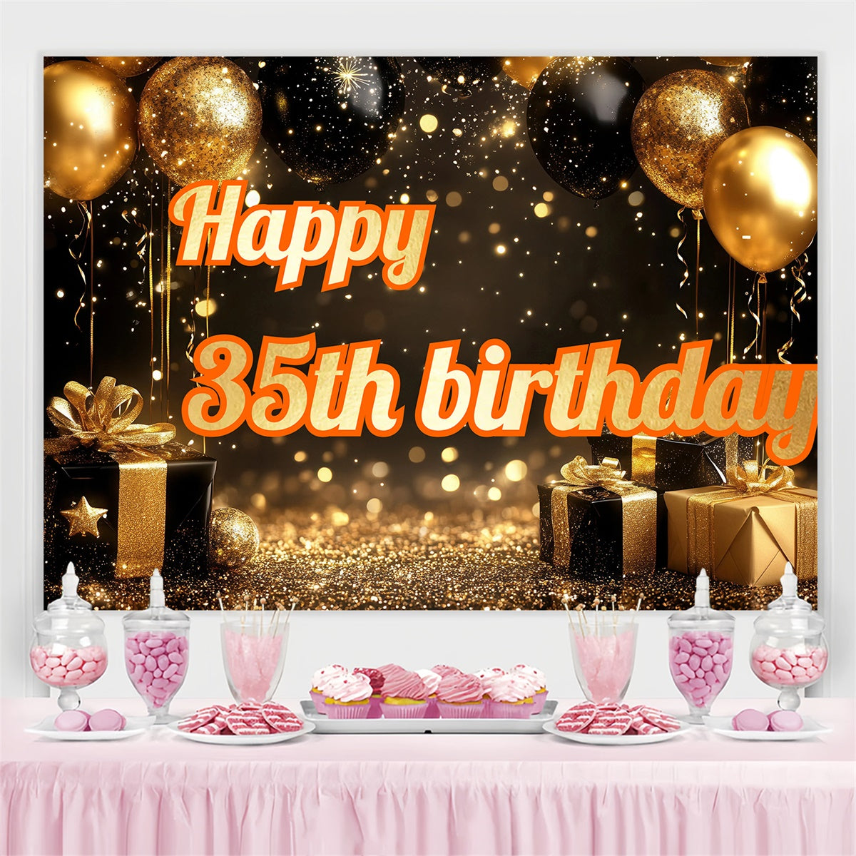 Toile de fond Deco Anniversaire Personnalisé Luxe 35ème Paillettes Dorées CJJ3-222
