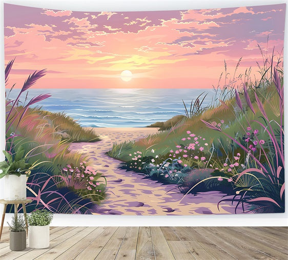 Toile de fond de Plage Été Coucher de Soleil Floral Sentier CJJ3-224