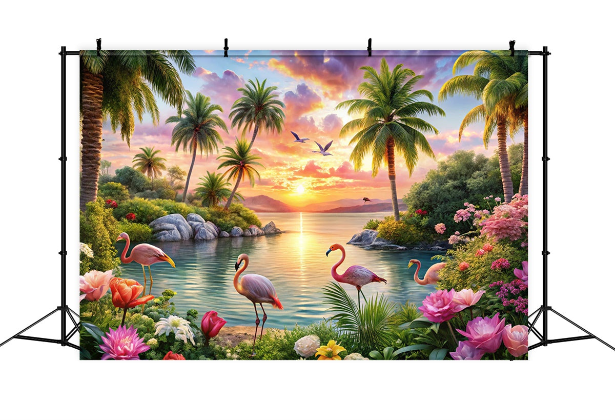 Toile de fond de Plage Été Tropicale Île Flamant Rose Rêve CJJ3-225