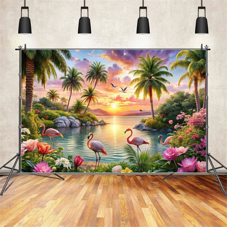 Toile de fond de Plage Été Tropicale Île Flamant Rose Rêve CJJ3-225
