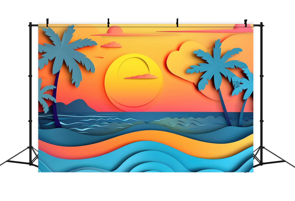 Toile de fond de Plage Été Coucher de Soleil Palmiers Mer CJJ3-230