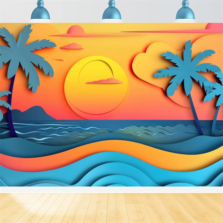 Toile de fond de Plage Été Coucher de Soleil Palmiers Mer CJJ3-230