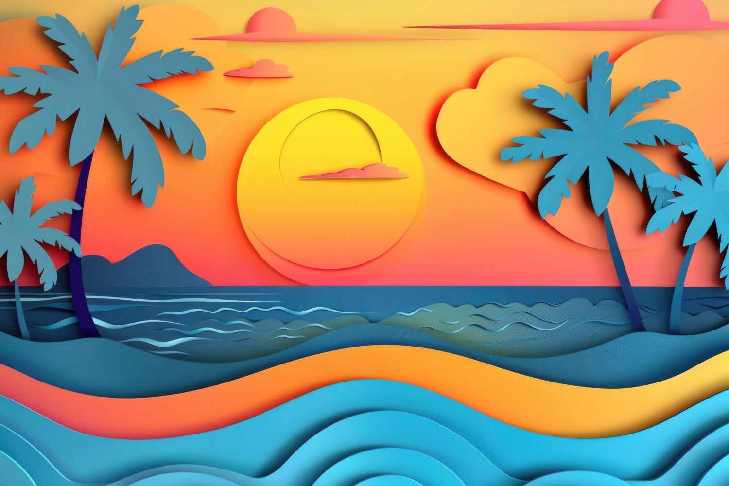 Toile de fond de Plage Été Coucher de Soleil Palmiers Mer CJJ3-230