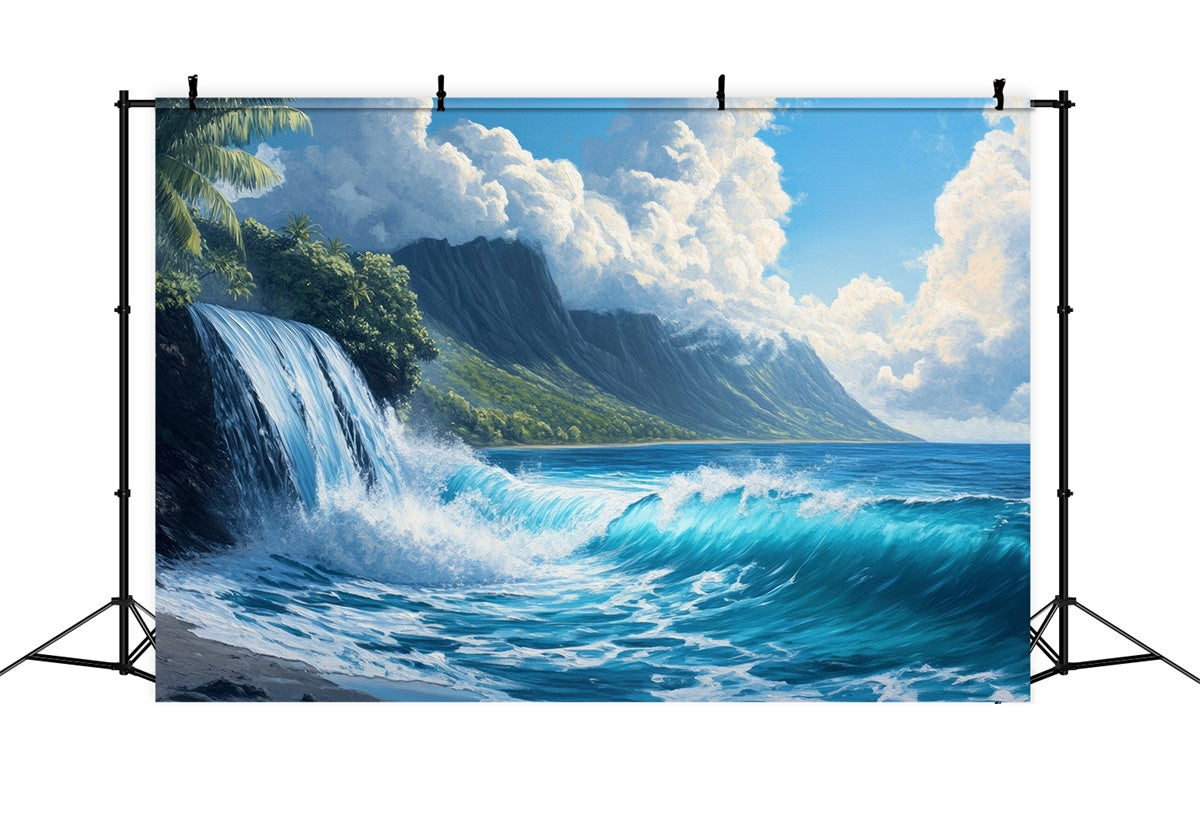 Toile de fond de Plage Été Cascade Océan Vue Montagne CJJ3-231