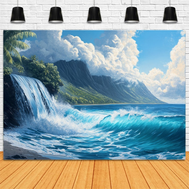 Toile de fond de Plage Été Cascade Océan Vue Montagne CJJ3-231