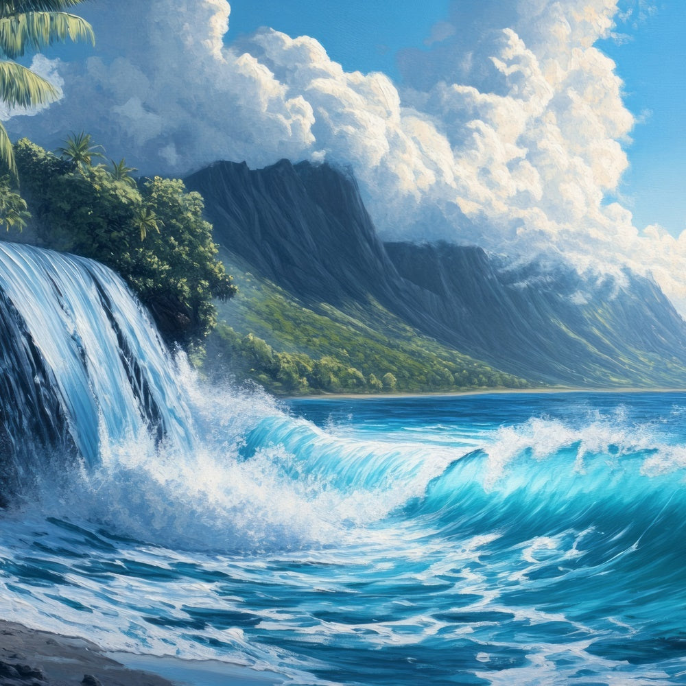 Toile de fond de Plage Été Cascade Océan Vue Montagne CJJ3-231