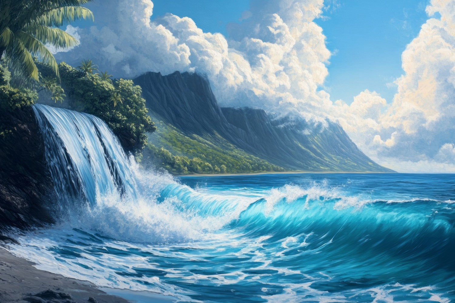 Toile de fond de Plage Été Cascade Océan Vue Montagne CJJ3-231