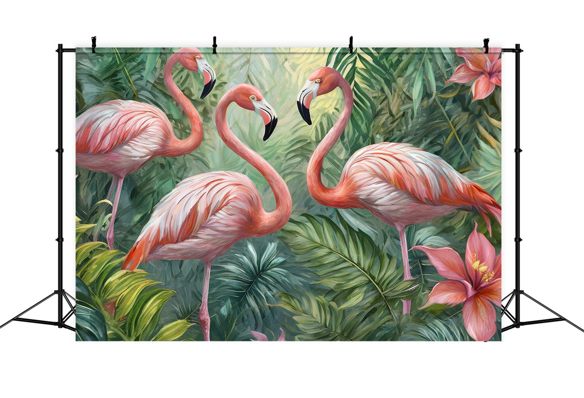 Toile de fond Été Tropicale Flamants Roses Forêt Fleurs CJJ3-234