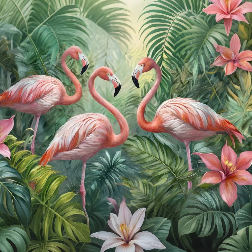 Toile de fond Été Tropicale Flamants Roses Forêt Fleurs CJJ3-234