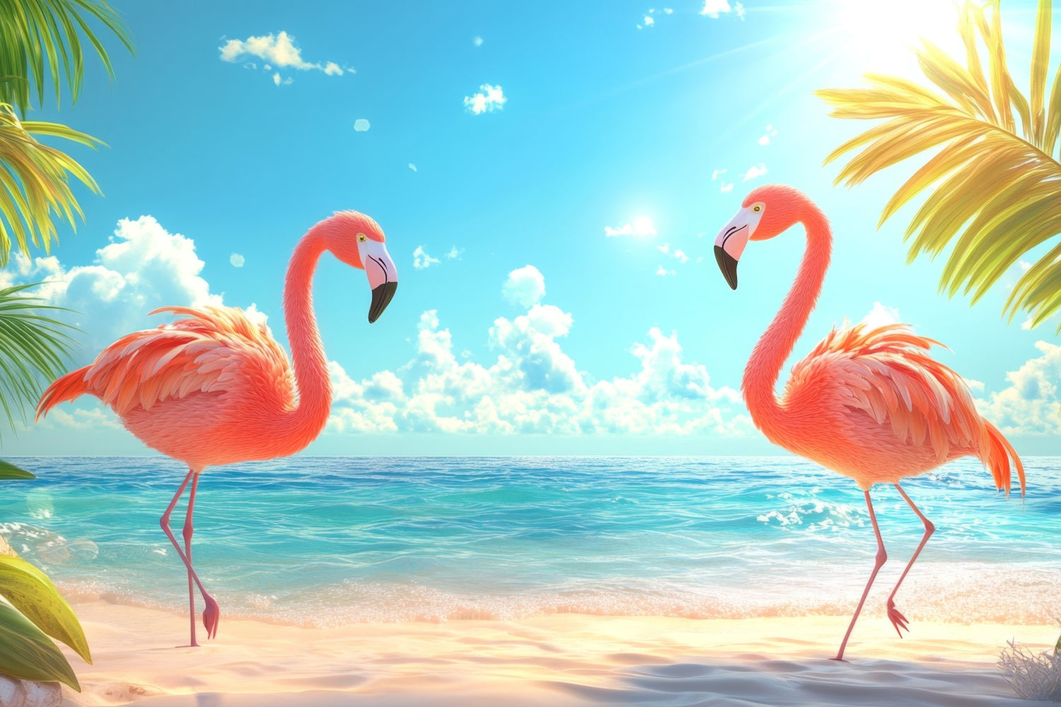 Toile de fond Été Tropicale Feuilles de Palmier Flamant Rose CJJ3-237