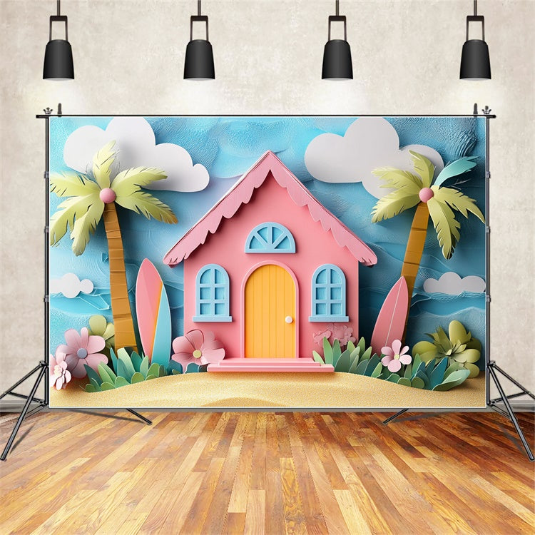 Toile de fond Été Maison de Plage Rose Dessin Animé CJJ3-241