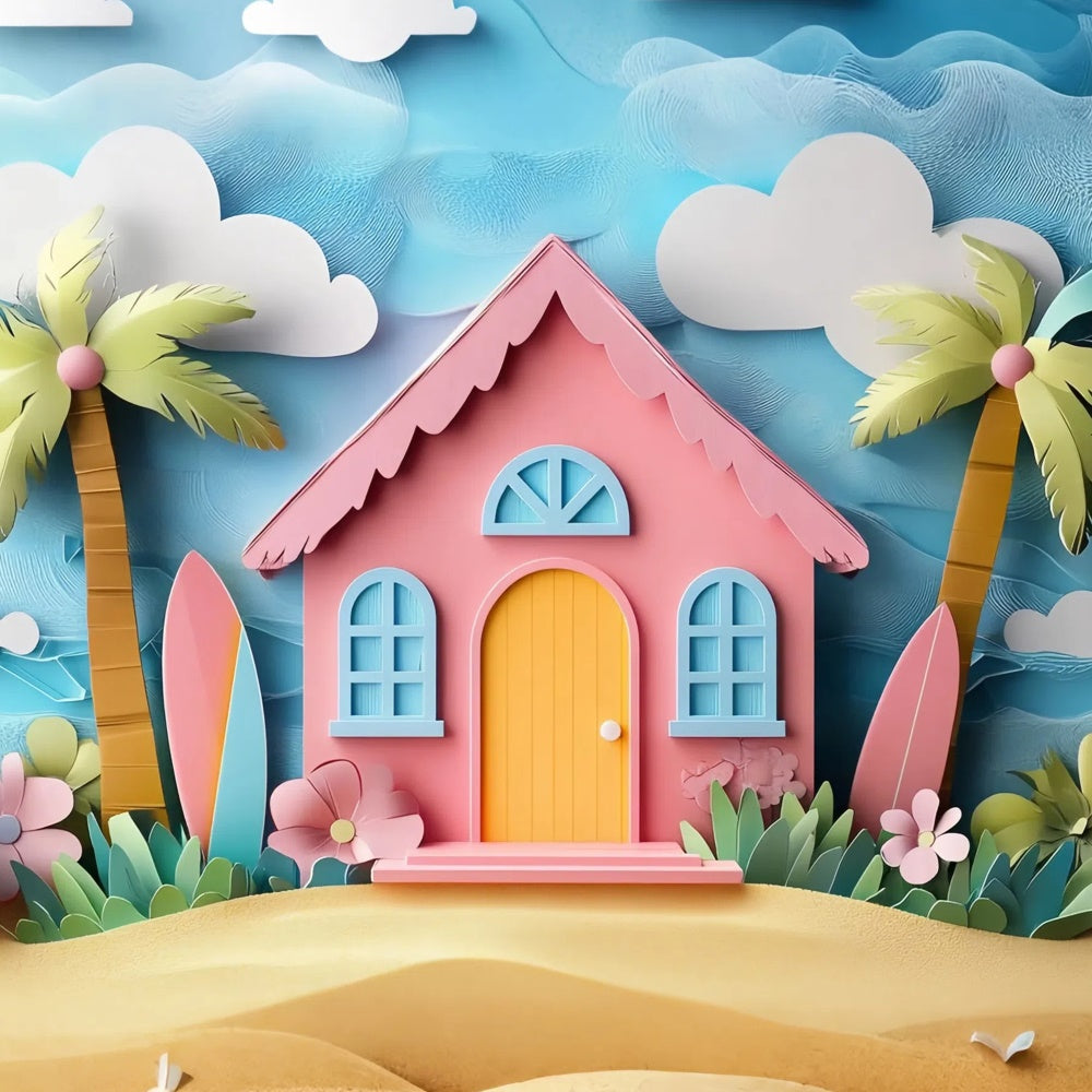 Toile de fond Été Maison de Plage Rose Dessin Animé CJJ3-241