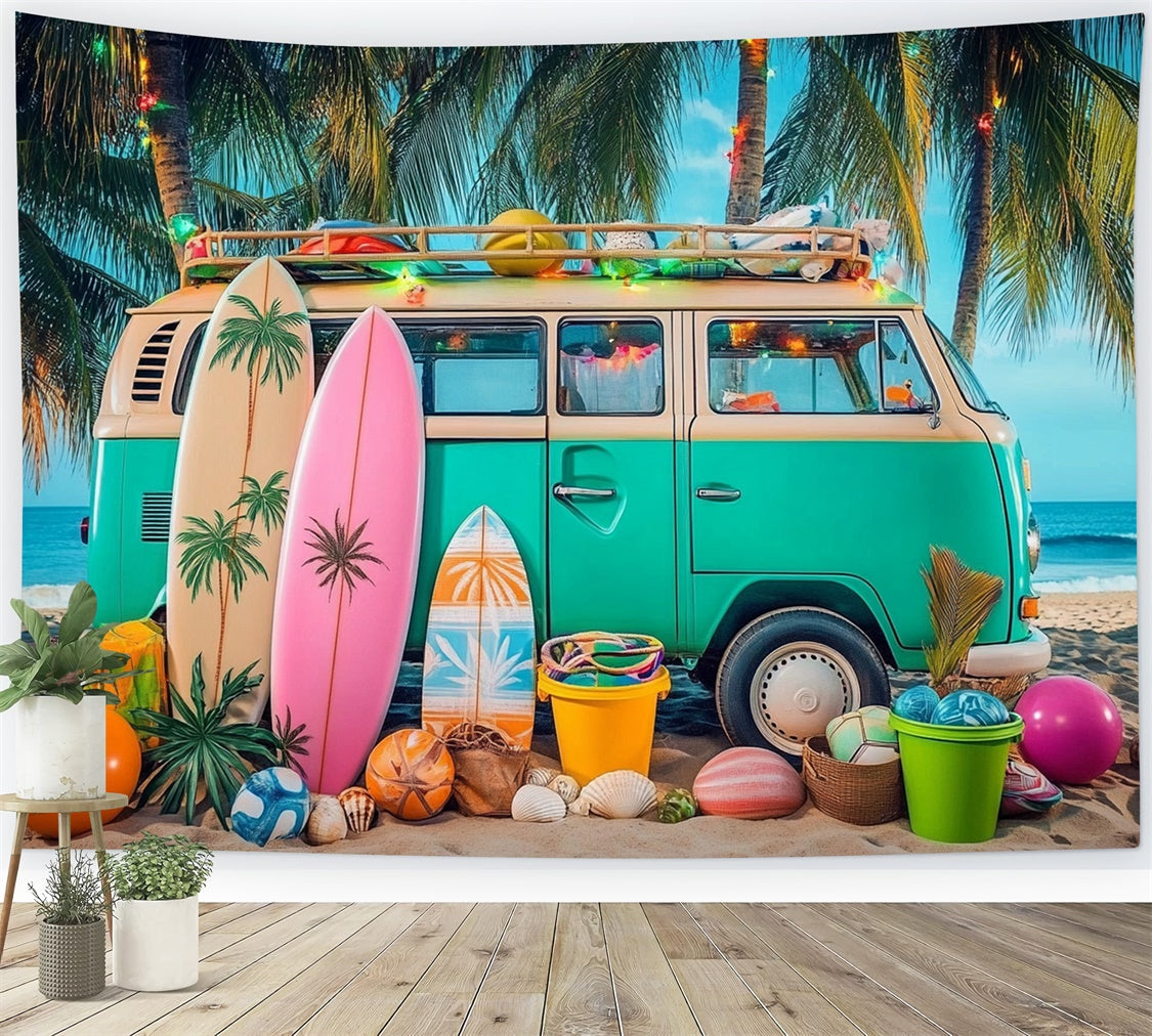 Toile de fond de Plage Été Photographie Voiture Rétro Coucher de Soleil CJJ3-244