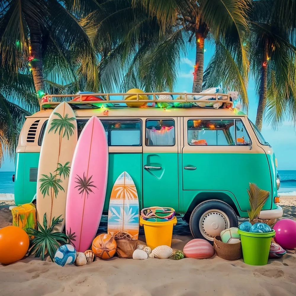 Toile de fond de Plage Été Photographie Voiture Rétro Coucher de Soleil CJJ3-244