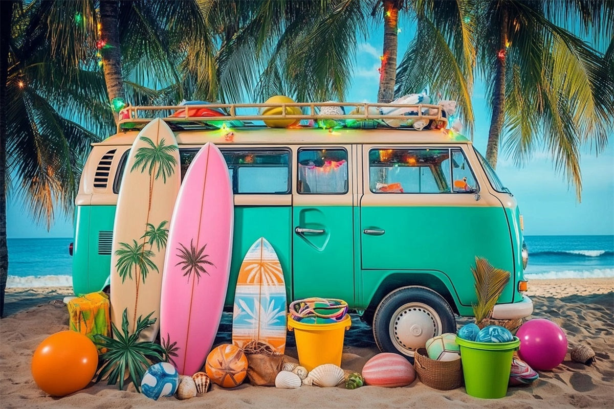 Toile de fond de Plage Été Photographie Voiture Rétro Coucher de Soleil CJJ3-244