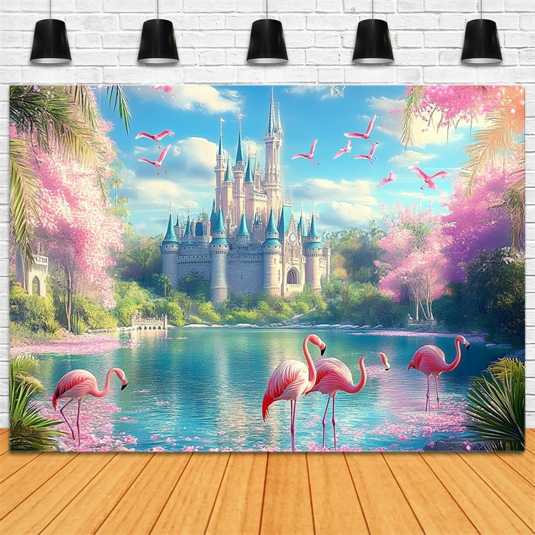 Toile de fond de Plage Été Tropicale Château de Rêve Flamant Rose CJJ3-247