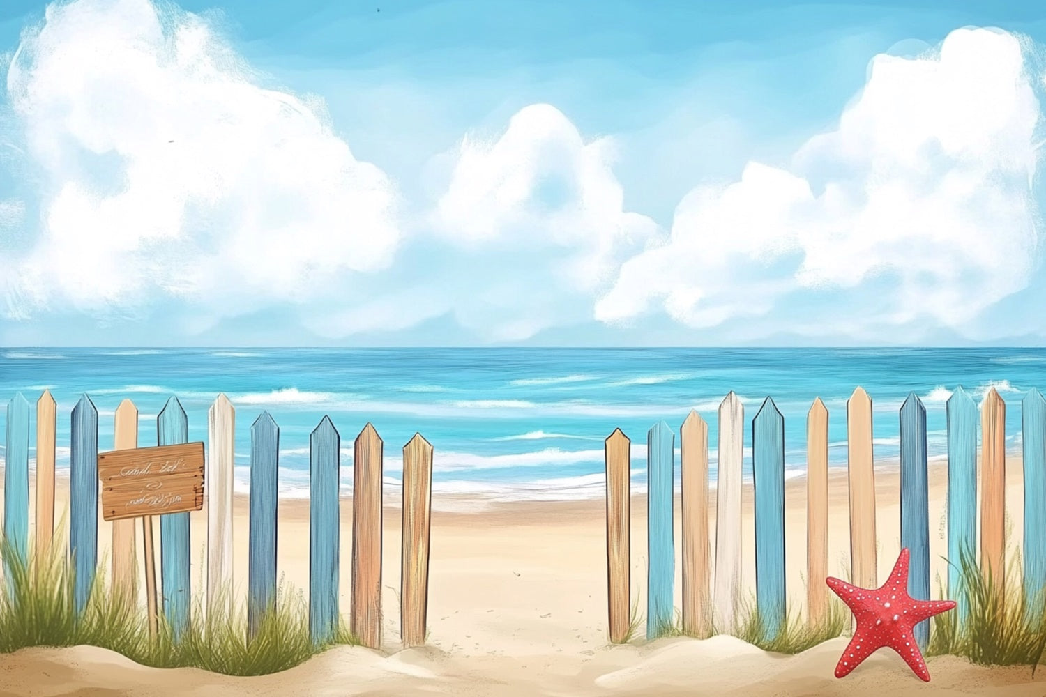 Toile de fond de Plage Été Photographie Clôture Colorée Mer CJJ3-249