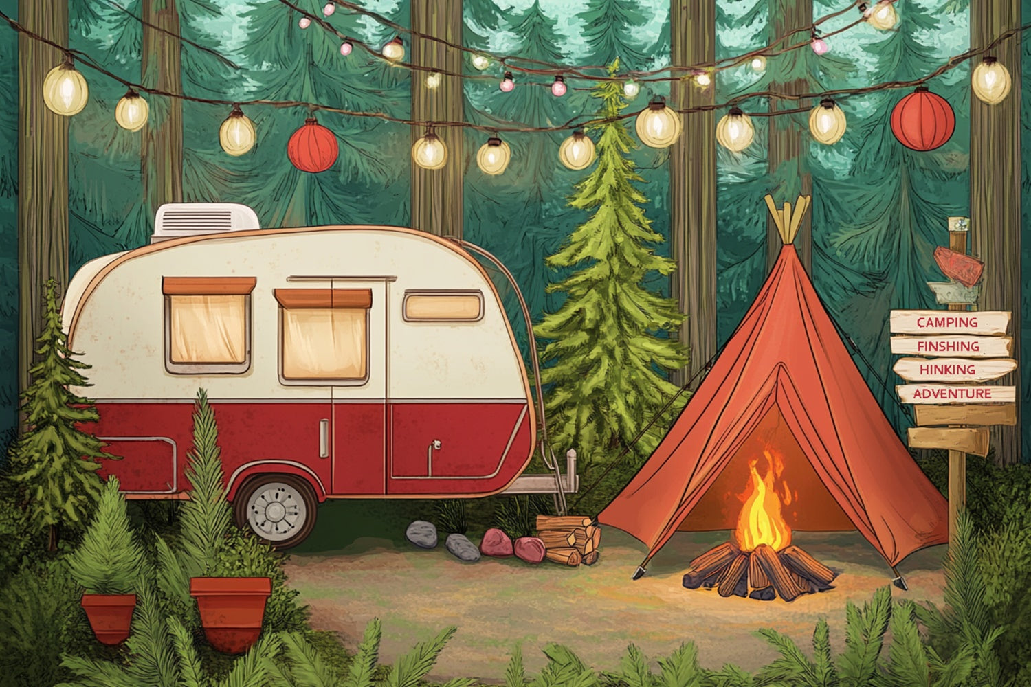 Toile de fond Été Guirlandes Lumineuses Camping-Voiture CJJ3-252