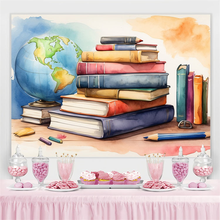 Toile de fond Journée Mondiale du Livre Globe Aquarelle et Livres CJJ3-51