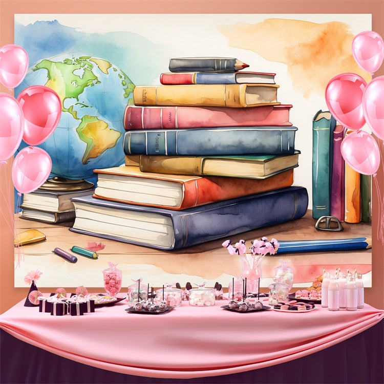Toile de fond Journée Mondiale du Livre Globe Aquarelle et Livres CJJ3-51