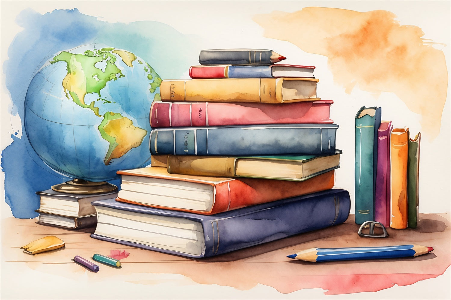 Toile de fond Journée Mondiale du Livre Globe Aquarelle et Livres CJJ3-51