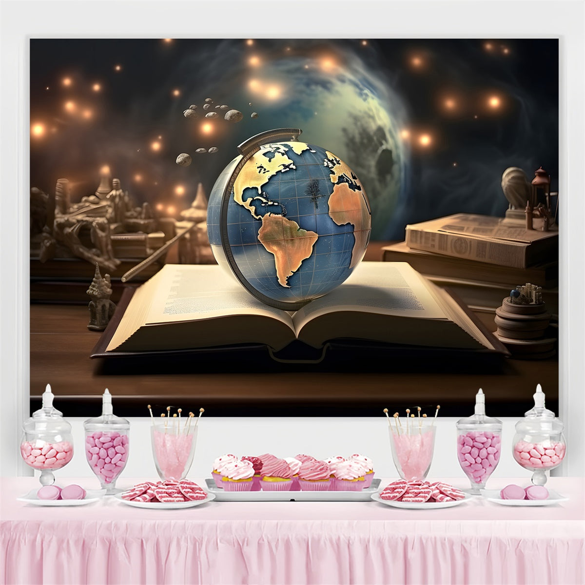 Toile de fond Journée Mondiale du Livre Globe Céleste et Livres CJJ3-52