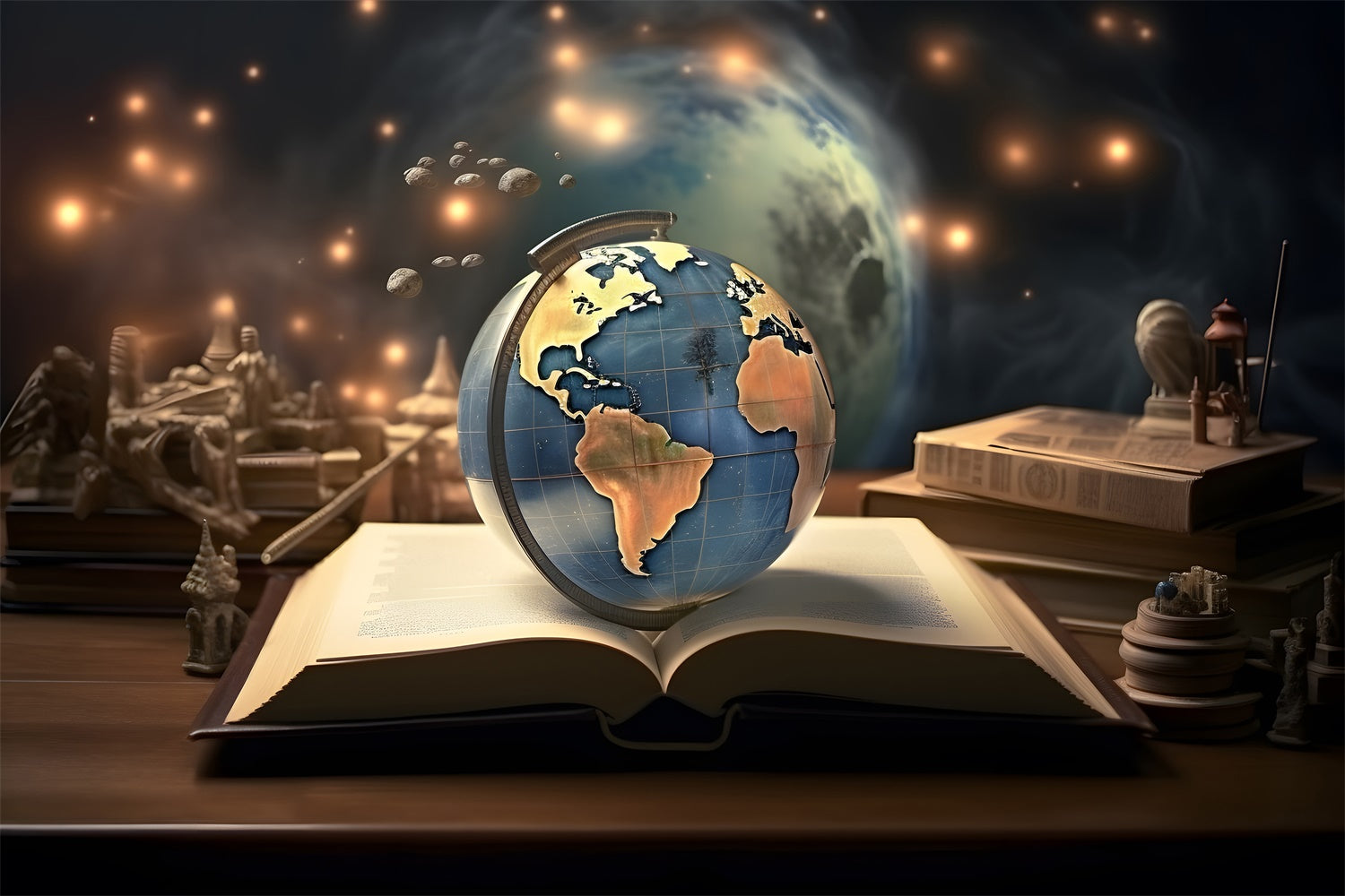 Toile de fond Journée Mondiale du Livre Globe Céleste et Livres CJJ3-52