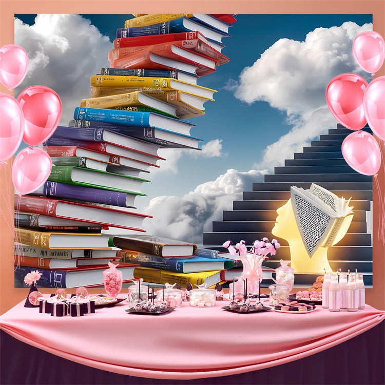 Toile de fond Journée Mondiale du Livre Escalier de Livres Colorés CJJ3-58