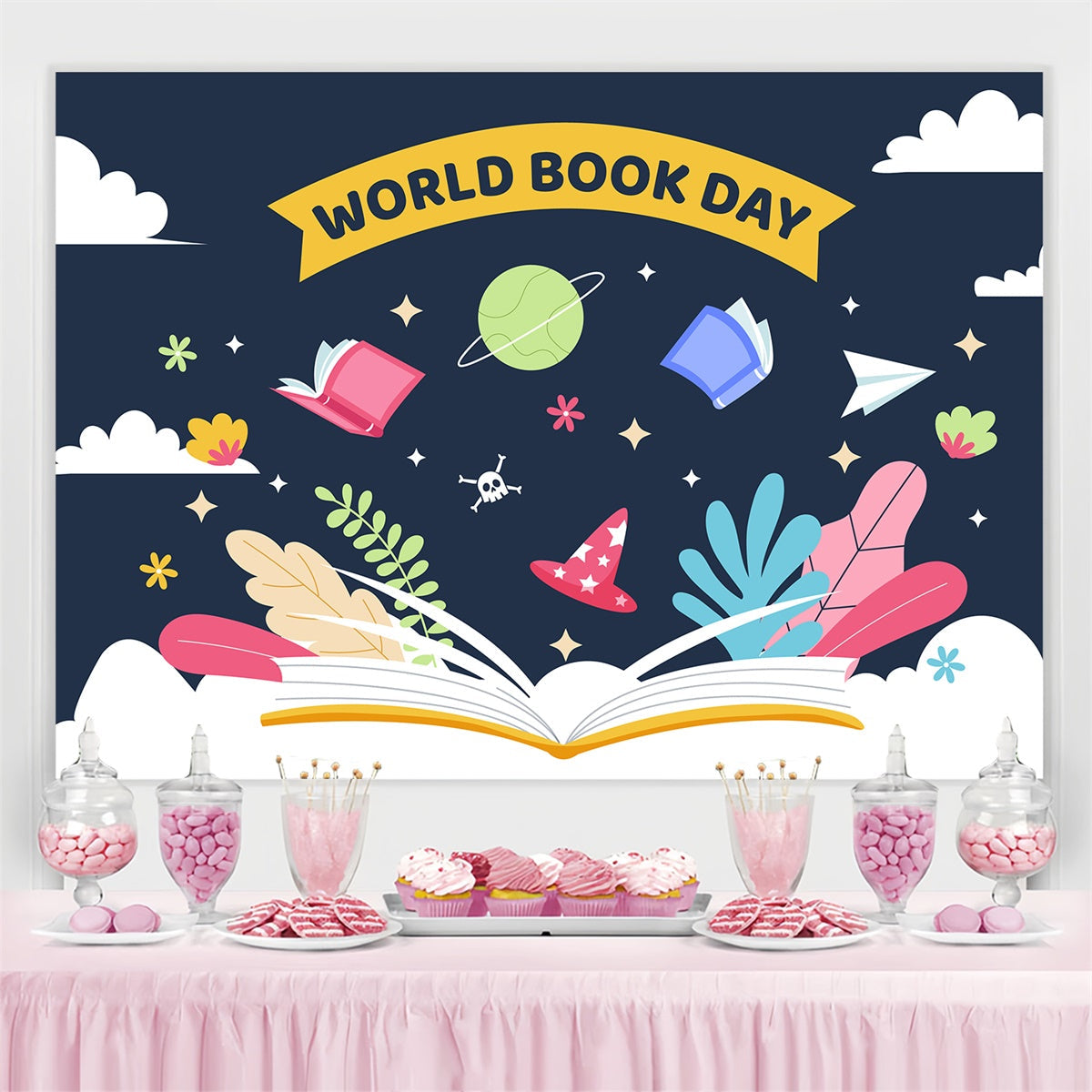 Toile de fond Journée Mondiale du Livre Livres Flottants Ciel Étoilé CJJ3-75