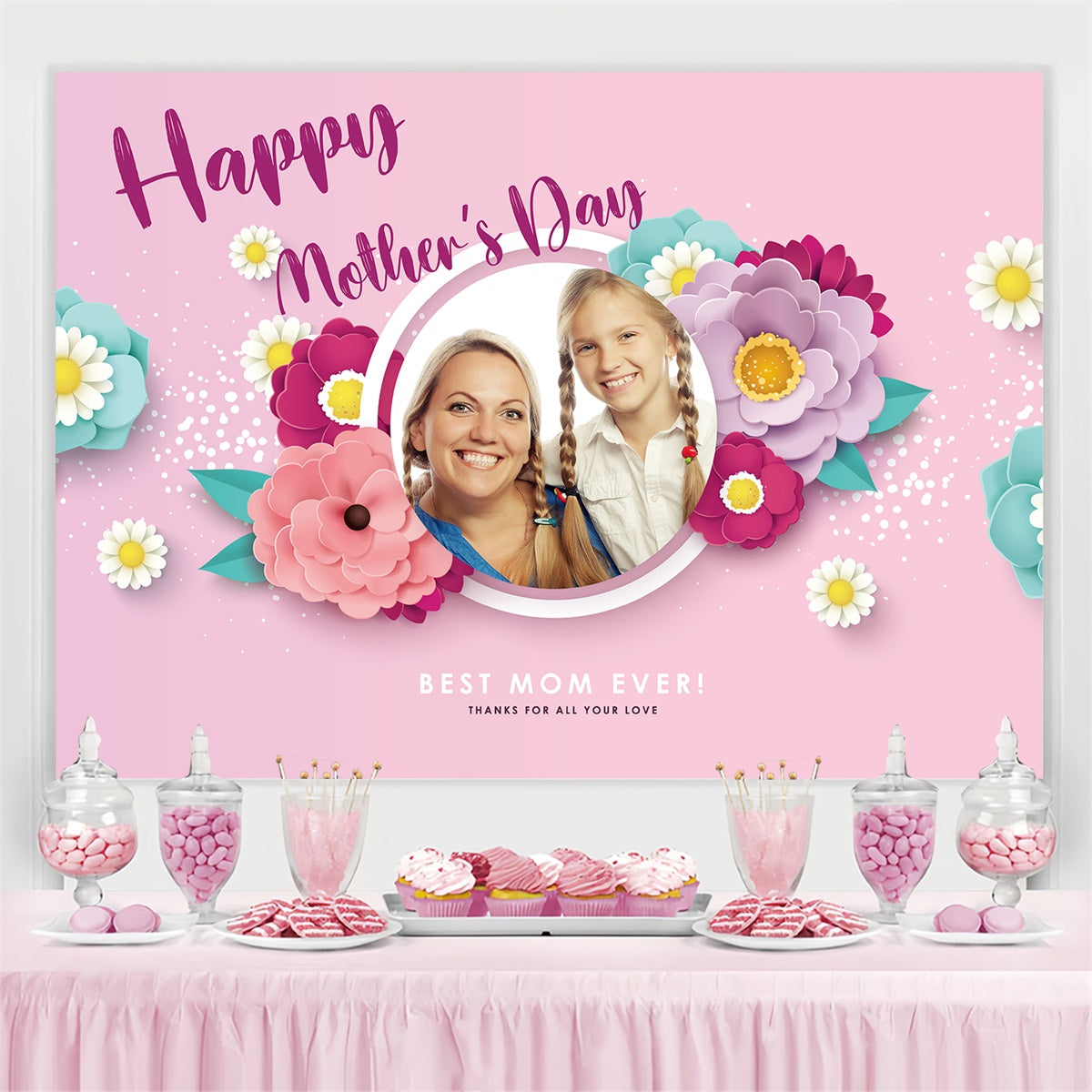 Toile de fond Fête des Mères Personnalisable Adorable Cadre Floral CJJ3-92