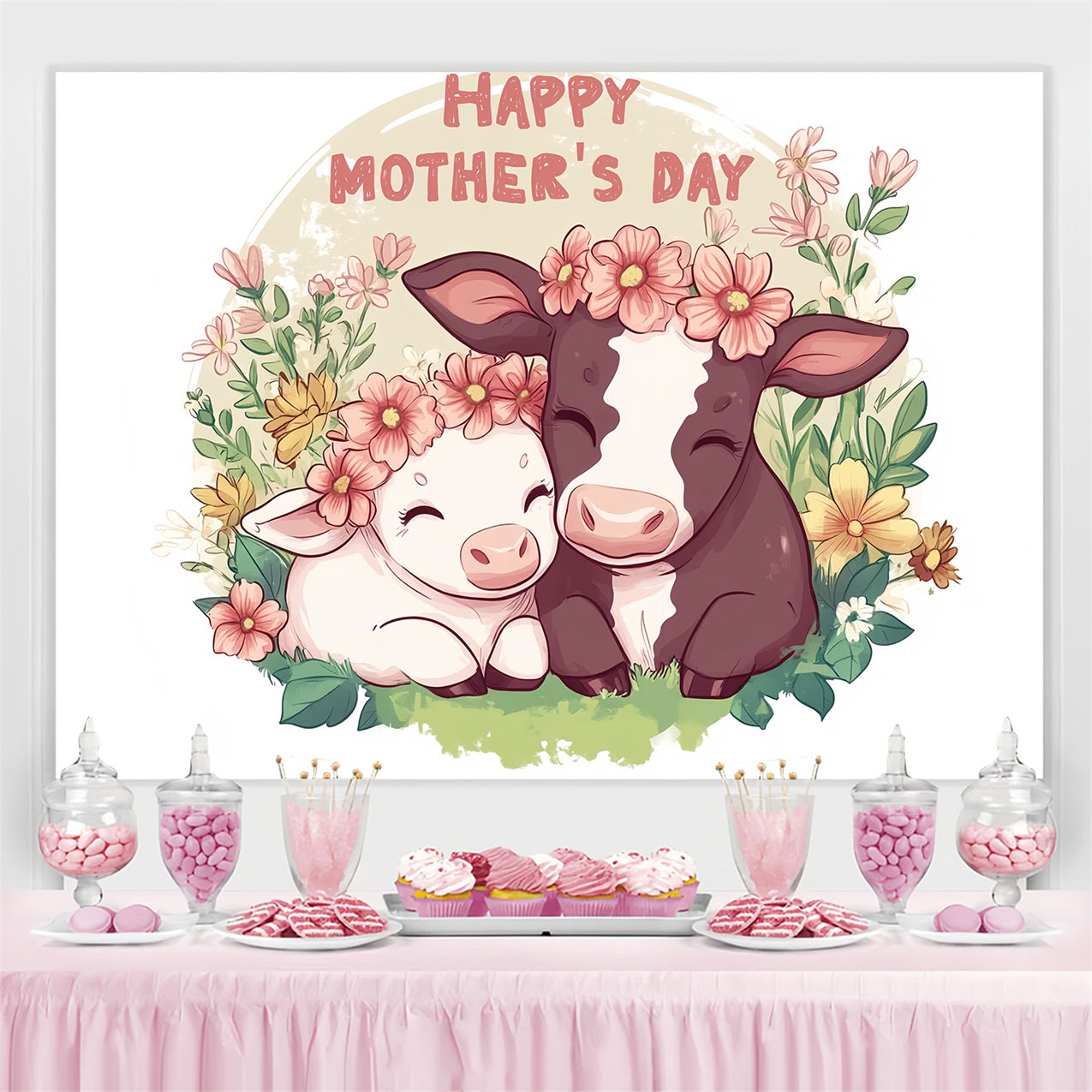 Toile de fond Fête des Mères Personnalisable Célébration Florale Vaches CSH-136