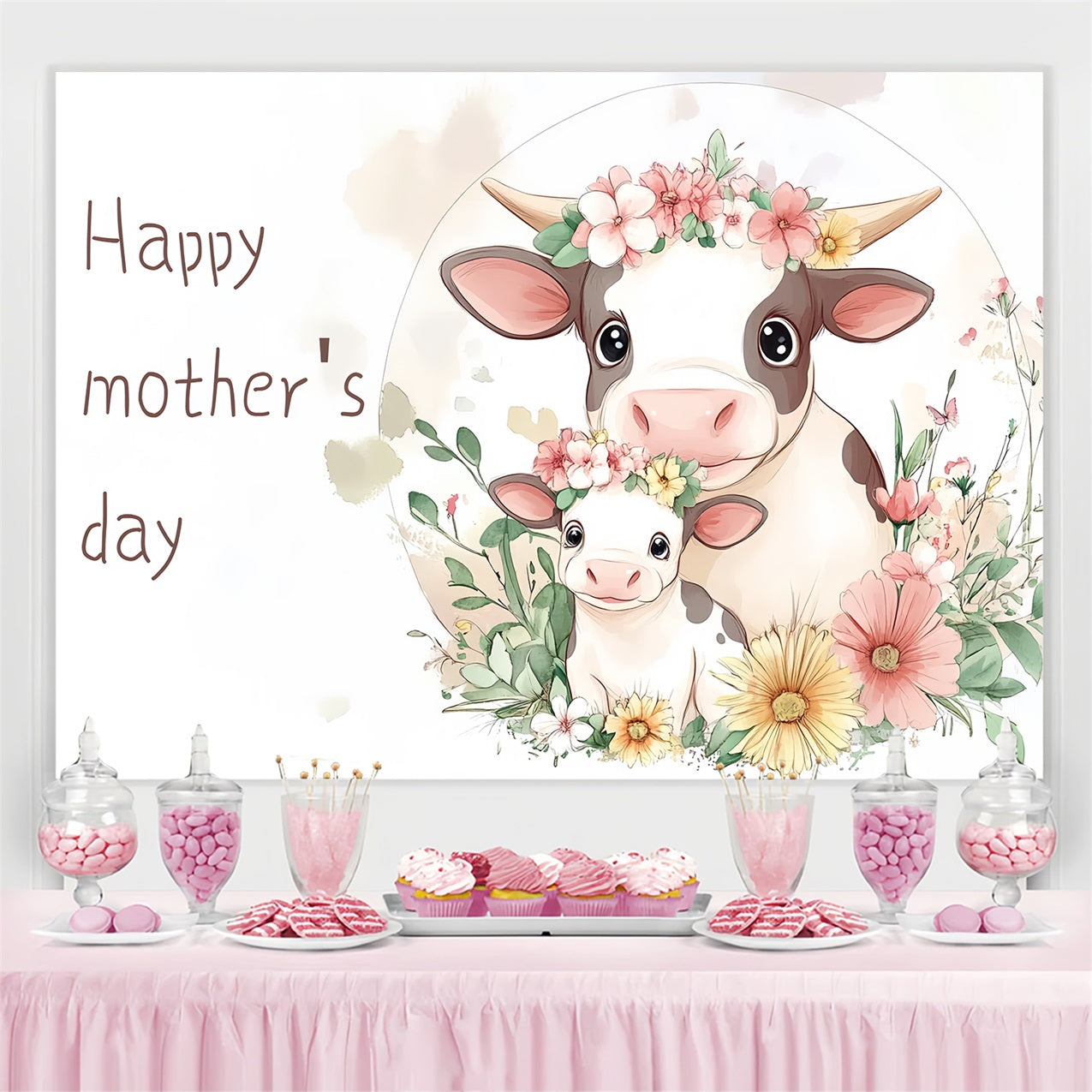 Toile de fond Fête des Mères Personnalisable Famille de Vaches Florales CSH-137